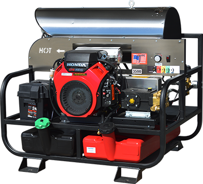 6012PRO-20G  Pro-Super Skid Series Hot Water Belt Drive 5.5 gpm @3500 psi, 12 Volt with 20 Amp Charging System, GX390 Honda, GP Pump.
**Please call for availability**