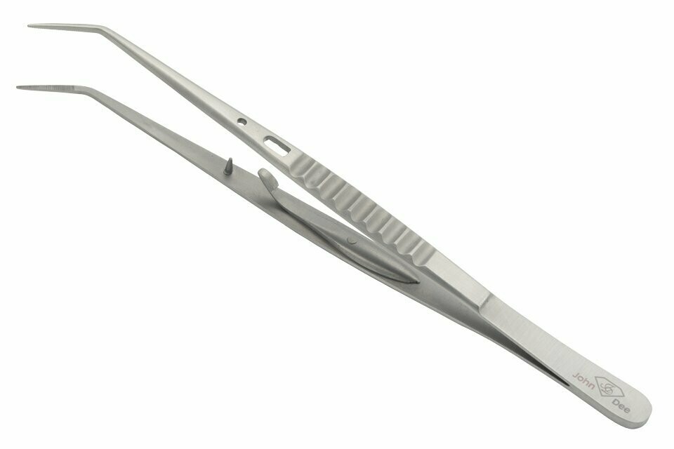 Pinzette mit Druckverschluss / Gebogen / Gezahnt 15,5 cm / stabile Ausführung