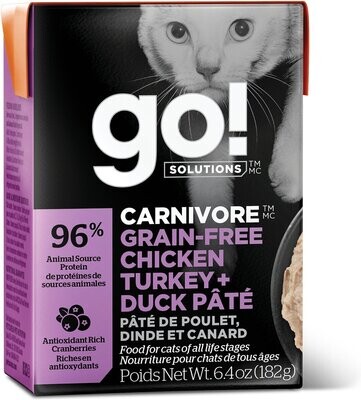 Petcurean GO! Carnivore Grain Free Chicken Turkey +duck Pate For Cats 6.4 Oz