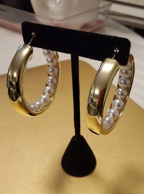 Earrings - Gold Pearl Inside Hoop