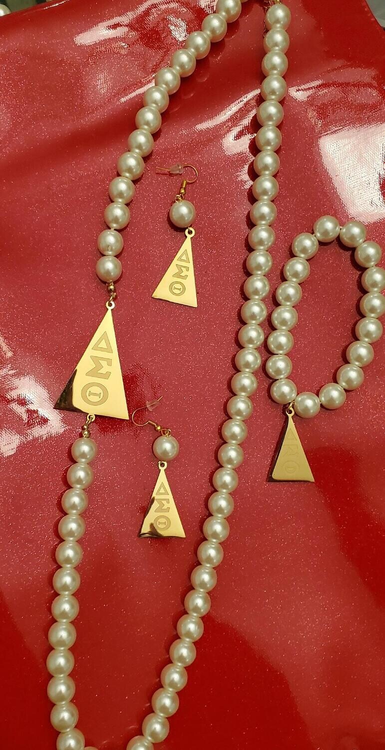 Pearl Pyramid Necklace, Bracelet & Earrings Set (Gold Heavy Glass) Free Shipping