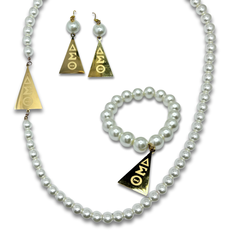 Pearl Pyramid Necklace, Bracelet &amp; Earrings Set (Gold Heavy Glass)