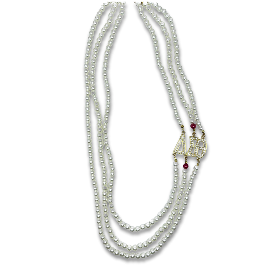 DST Three Strand Ruby &amp; Pearl Necklace - Gold