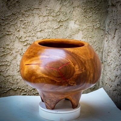 Unique huge turned, carved, inlayed footed mango wood bowl