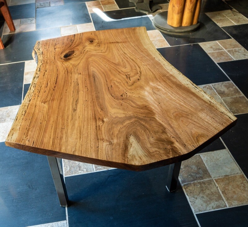 Unique handmade cherry crotch slab coffee table with metal custom made base 003