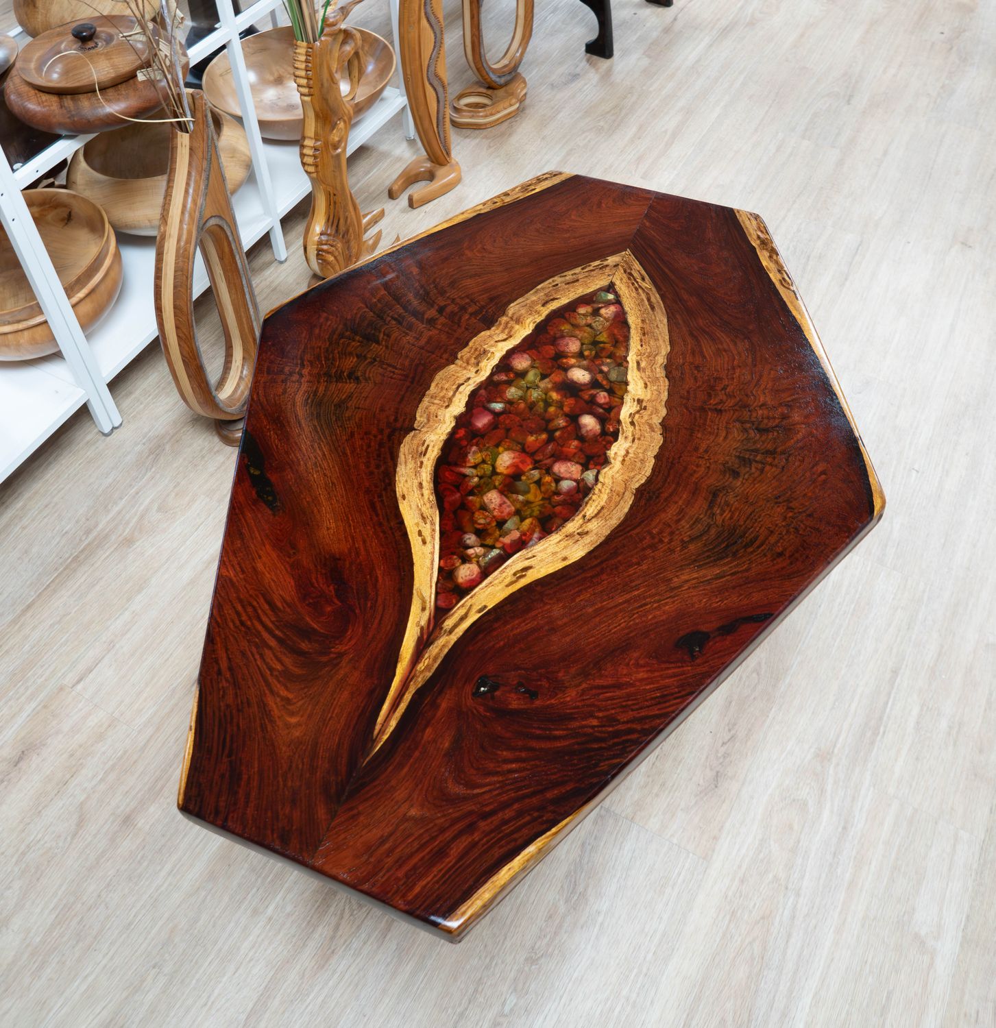 Unique handmade cocobolo book much epoxy inlayed coffee table