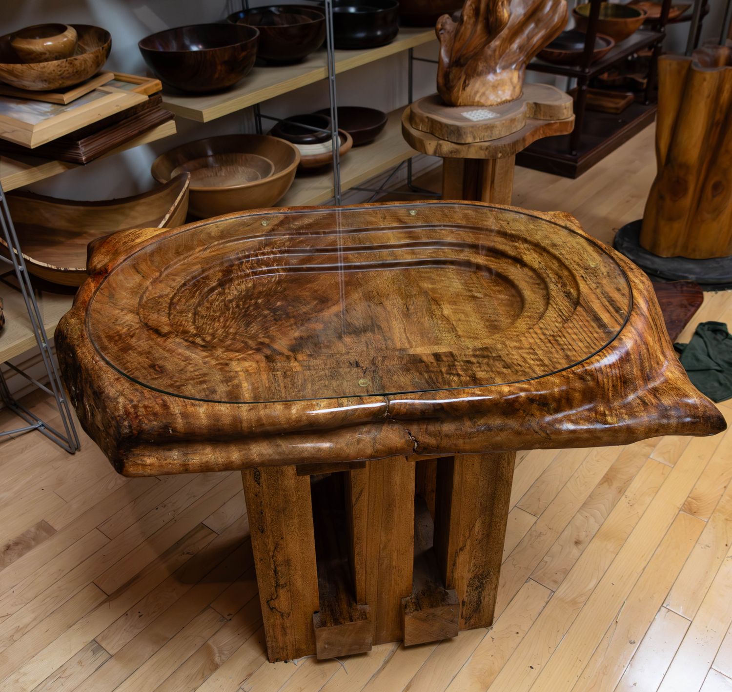 Handcrafted Sculpted Mango Wood Coffee Table with  Glass Top - Unique Rustic Home Decor