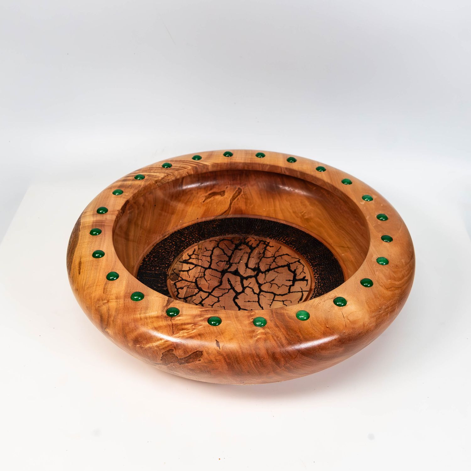 Artisanal Maple Wood Decorative Bowl with Unique Lichtenberg Fractal Design and malachite cabochons inlay