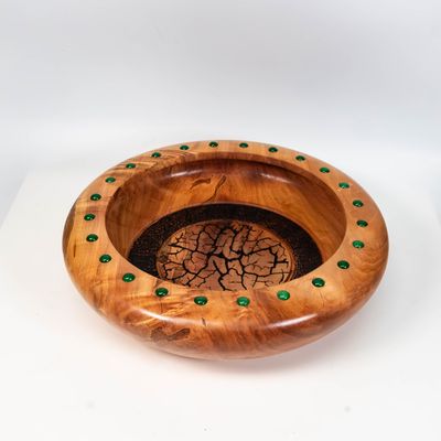 Artisanal Maple Wood Decorative Bowl with Unique Lichtenberg Fractal Design and malachite cabochons inlay Artisanal Maple Wood Decorative Bowl with Unique Lichtenberg Fractal Design and malachite cabochons inlay