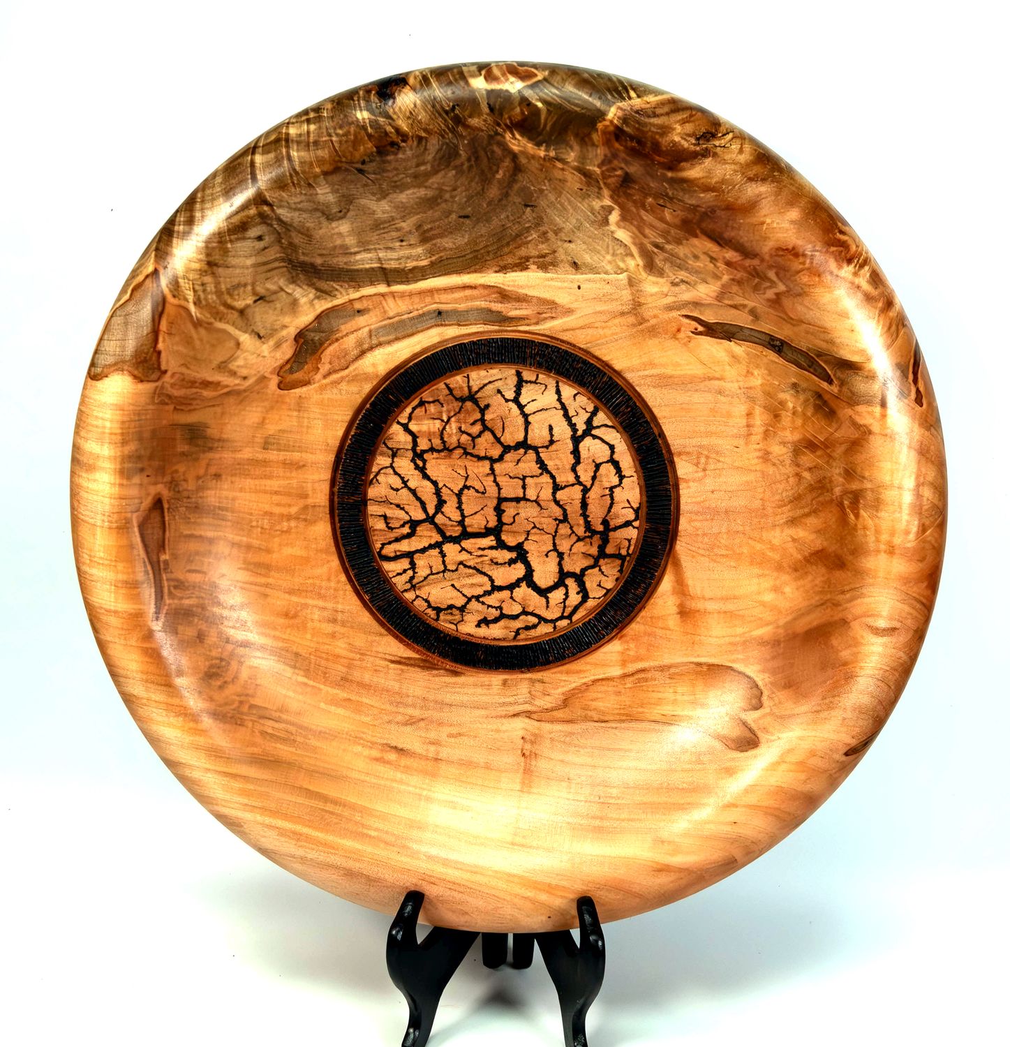Artisanal Maple Wood Decorative Bowl Plate with Unique Lichtenberg Fractal Design
