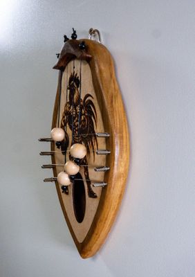 Handcrafted Wooden Door Harp with Laser-Engraved Roosters Design Handcrafted Wooden Door Harp with Laser-Engraved Roosters Design