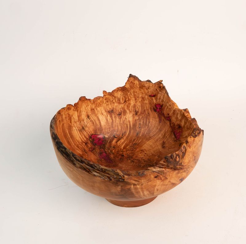 Sculptural Maple Burl Live Edge Bowl – One of a Kind Hand Turned Natural Wood Art, Organic Burl Centerpiece , epoxy inlay