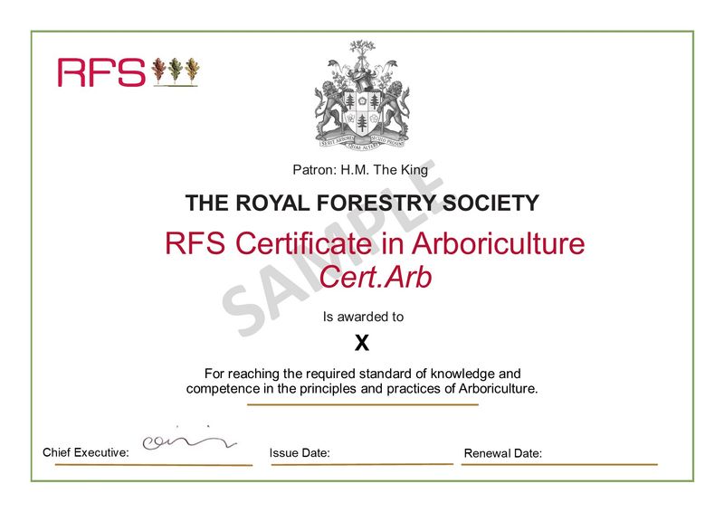 RFS Certificate in Arboriculture (Cert. Arb.) or Certificate in Forestry (Cert. For.)