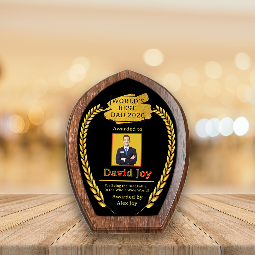 Personalised Plaque Award For Dad- Leaves Medal Walnut Wood- Custom Printed on Aluminium Panel- Best Gift For Dad