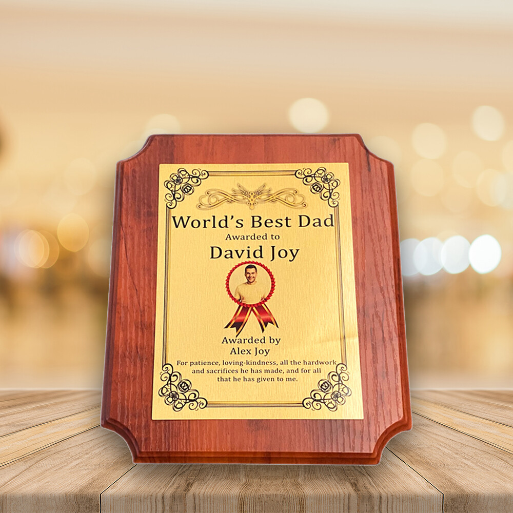 Personalised Plaque Award For Dad- Applewood Octagon Medal- Custom Printed on Aluminium Panel- Best Gift For Dad