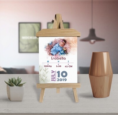 Newborn Announcement |New Mum Gift| Birth Stat Print Photo Frame | Custom Photo Printed On Aluminum | Wooden Easel