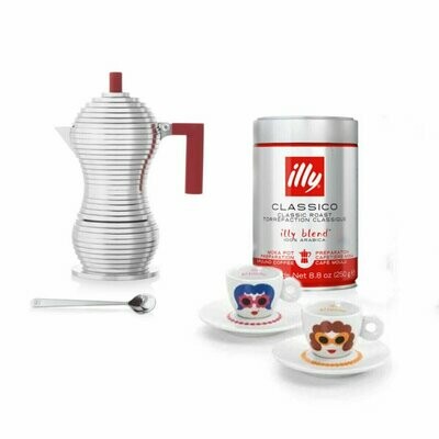 Kit Cafetera MOKA con cucharas GIROTONDO y tazas OLIMPIA ZAGNOLI.