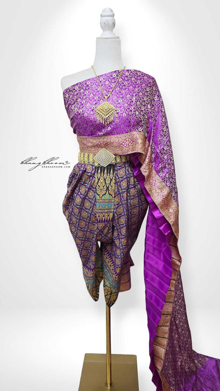 Dark Purple Gold Floral Thai Pants Set
