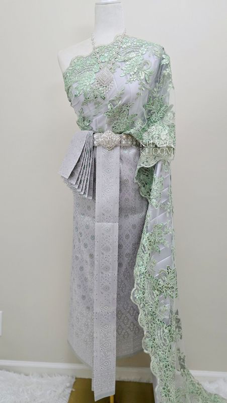 Green and Silver Thai Women Skirt Set