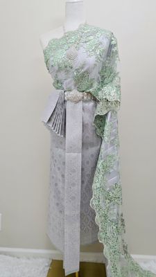 Green and Silver Thai Women Skirt Set