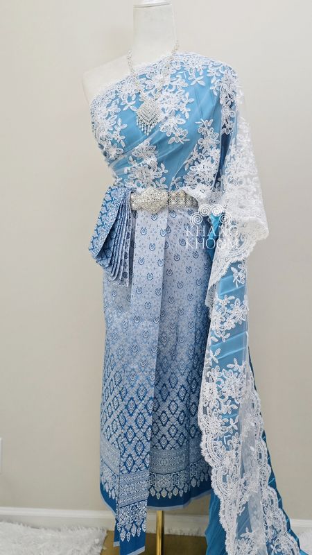 Blue and White Thai Women Skirt Set