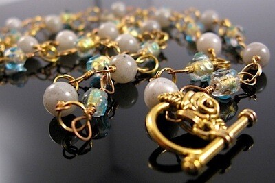 Aquamarine, Gold Foil & Labradorite Gemstone Necklace handmade UK