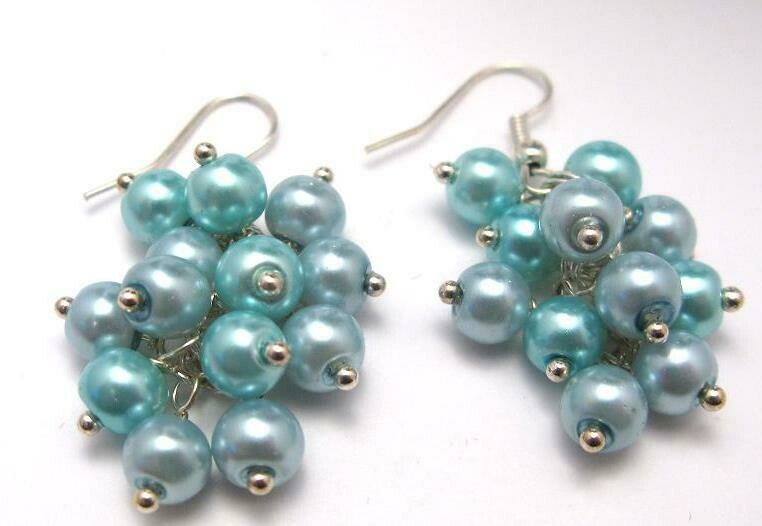 E344 Chunky Bold Statement Earrings NIGELA Light Blue, Turquoise Blue Pearl Cluster Statement Dangle Cascade Jewellery- Bridesmaids Prom Party