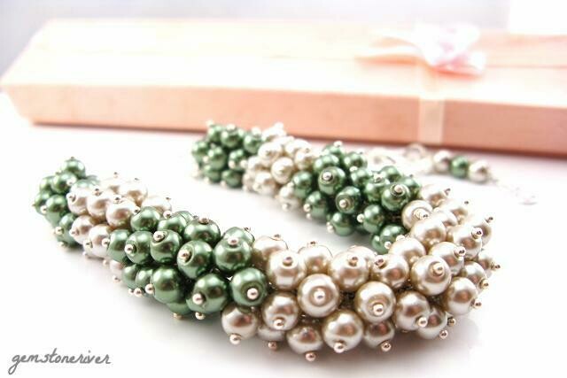 N202 SOLD - ALICE custom Chunky Bib Pearl Cluster Necklace - Olive Green Beige Taupe Ivory & Mocha Brown Glamorous Cocktail Party | Gemstoneriver®