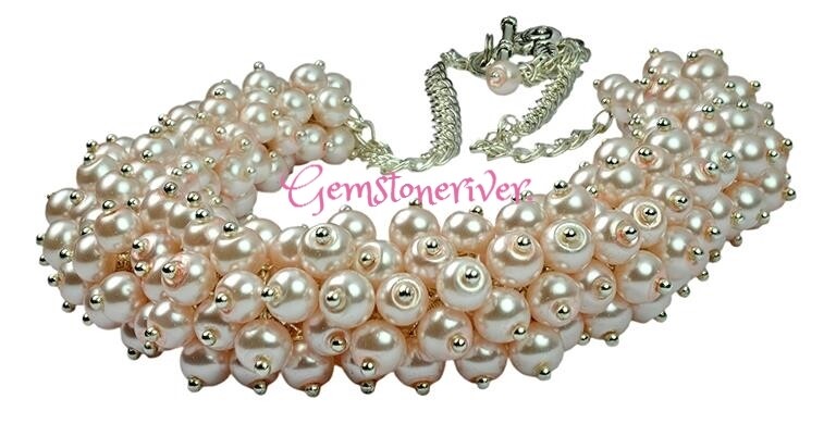 Baby pink pearl cluster necklace & earrings set