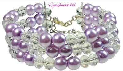 B44 Crystal Quartz, Light Purple/Lilac Pearls TAMMY- Multi-strand, Flexible Cuff Bracelet Earring SET, Party, Chunky, Bridesmaids Holiday Jewelry