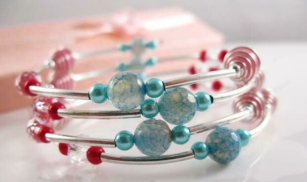 Blue pink crystal gemstone pearl multi strand bracelet