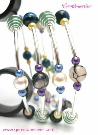 onyx jasper pearl bead silver bead flexible cuff bracelet - Carolyn