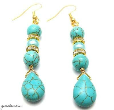 Boho Turquoise Blue gemstone earrings with gold crystal rondelles - Amalfi