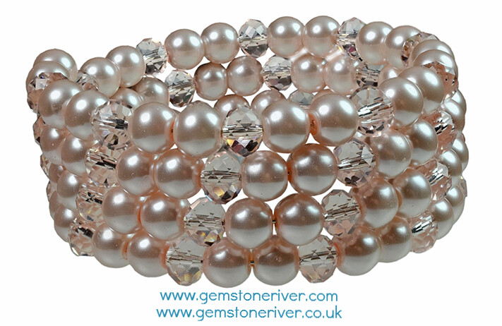 B89 Pink Pearls and Pink Rosaline Crystal Quartz Multi-strand Flexible Cuff Bracelet - Gemma Gemstoneriver UK bridesmaid wedding