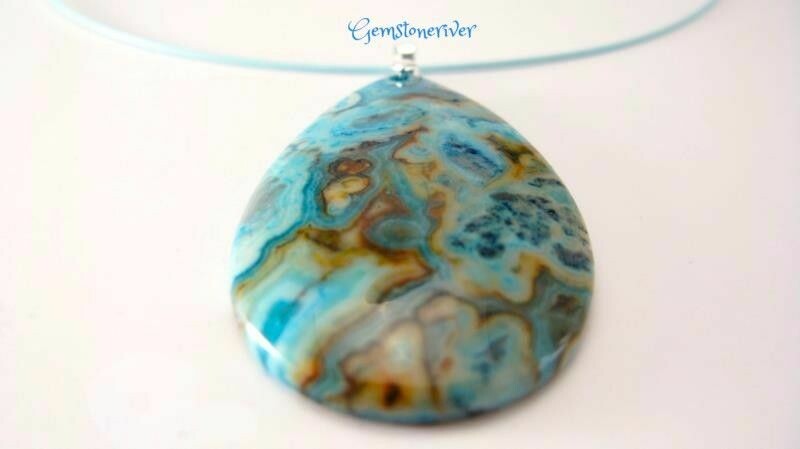 G246 Gemstone Pendant Light Blue Turquoise, azure, navy, light blue, amber & gold speckled unique Agate necklace, ONE-OFF - Naomi