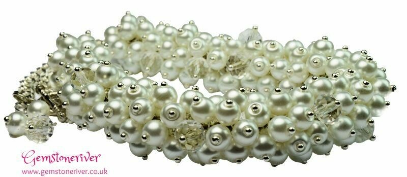N22 White Pearls & Crystal Bib Statement Bold Cluster Necklace Earrings Set - Gemstoneriver® Bridal wedding UK