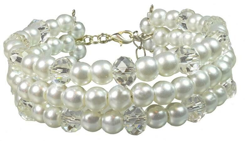 B45 Crystal & white Pearl multi-strand flexible memory bracelet & earrings set - FLEUR Statement Wedding Jewellery