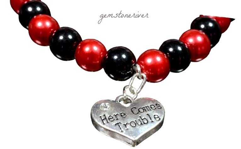 Black Red pearl Bracelet here comes TROUBLE charm