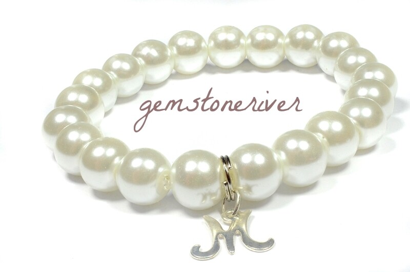 B176 SOLD Custom Order TashaW - 4 White Stretch Stackable Bracelets with Alphabet Letters - in Sterling Silver & White Pearl Earrings Tibetan Silver