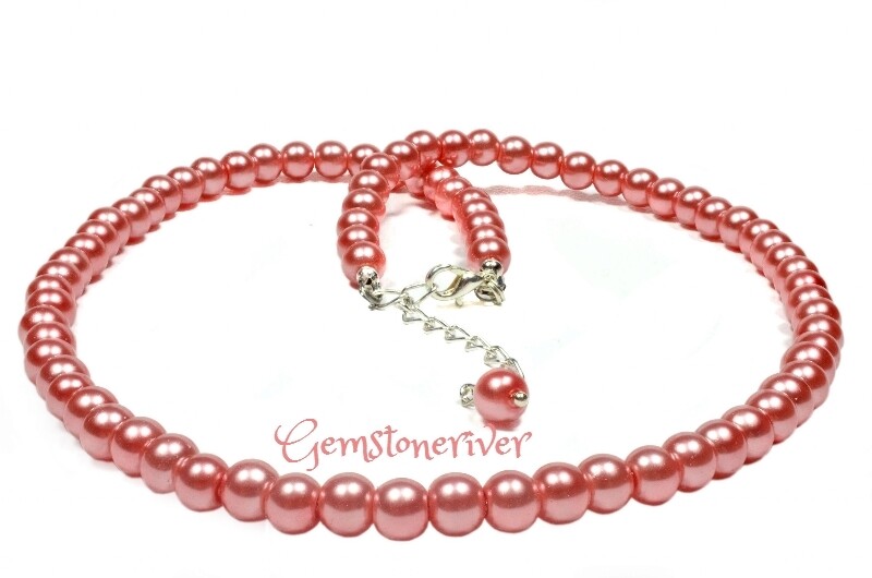 Coral Pink Pearl Necklace & earrings Set | Gemstoneriver® Bridesmaids Flower Girl Mother Office Cocktail Prom