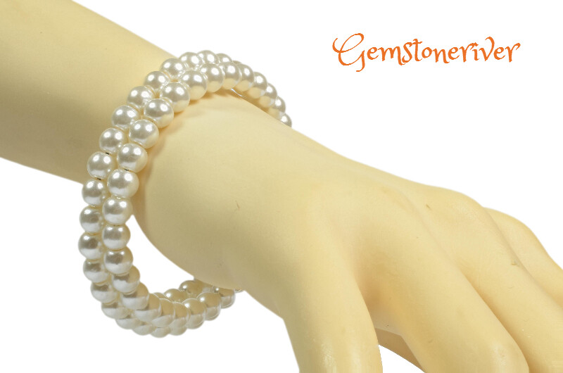 B173 Flexible Double Strand Cuff Bracelet Ivory Cream Pearls - BETH - Bracelet & Earrings SET Bridesmaid, Party & Office Jewellery