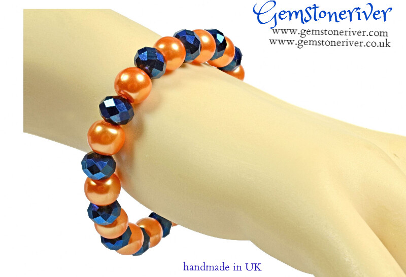 Sparkling Blue Lapis Lazuli Crystal & Orange Pearl Bracelet