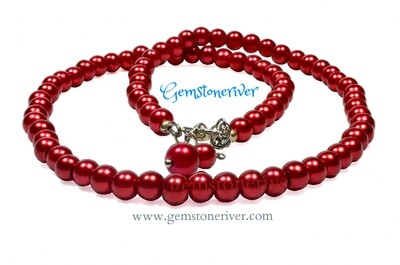 Classic Red Pearl Necklace & Earrings set - Valentine Romantic Bridesmaids Wedding Jewellery