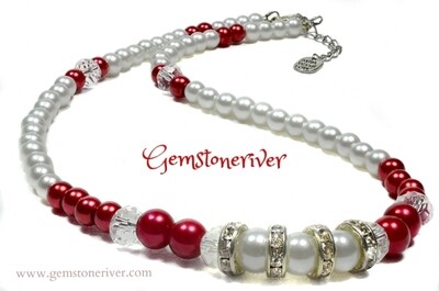 NB7 Crystal White Red Pearl Beaded Necklace Bracelet & Earrings - Bridesmaid Jewellery Gift Set Gemstoneriver®
