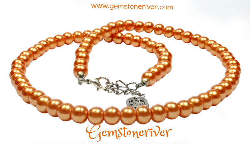 N206 Orange pearl necklace bracelet earrings set wedding Xmas cocktail party handmade UK | Gemstoneriver®
