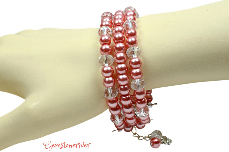 B40 Stylish Rose Crystal & Coral Pink Pearl Bracelet Earrings set