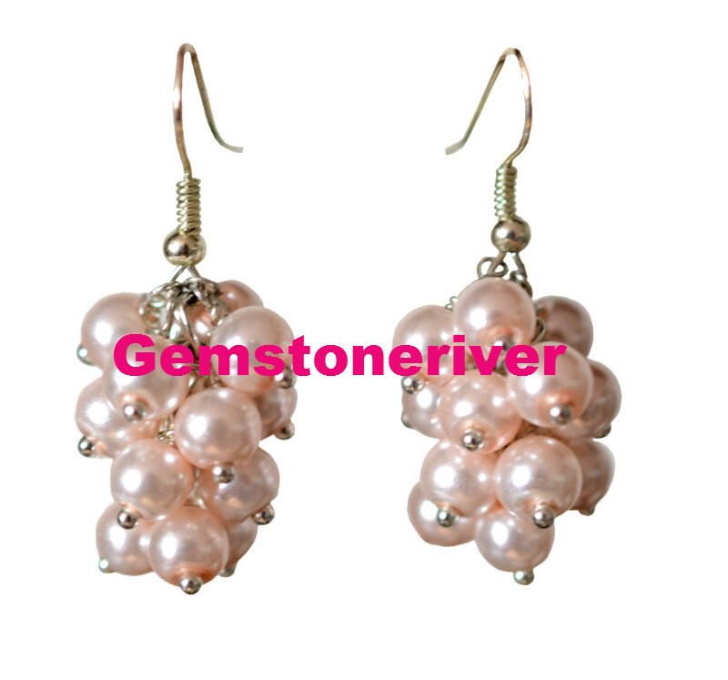 E114 Light Champagne Pink Pearl Earrings Cluster Chunky Bridal, Bridesmaids Wedding Pearls Prom Party Pearl Earrings