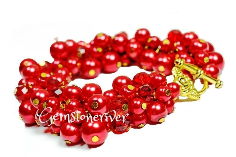 Red Berry Lustre Pearls & Red Fire Crystals Statement Chunky Designer Handmade Bracelet