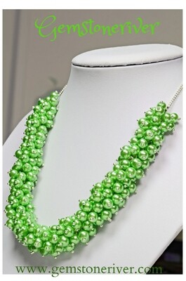Green Chunky Bold Statement Pearl Cluster Necklace & EarringsSet - | Gemstoneriver® Wedding Bridesmaids Prom Beach Party Anniversary Designer Jewelry
