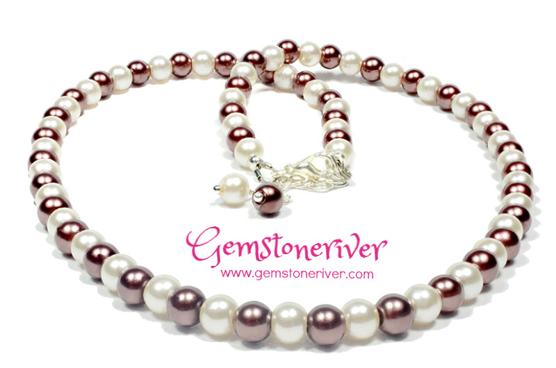 Cream Ivory & Chocolate Brown Pearl Necklace Bracelet & Earring Set